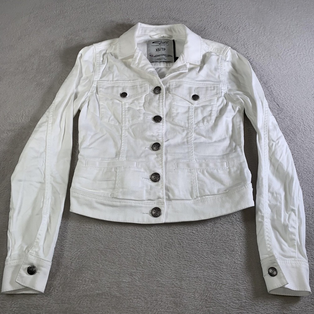 Silver Jeans Co Jacket Womens XS White Denim Button Front Stretch Trucker Ladies